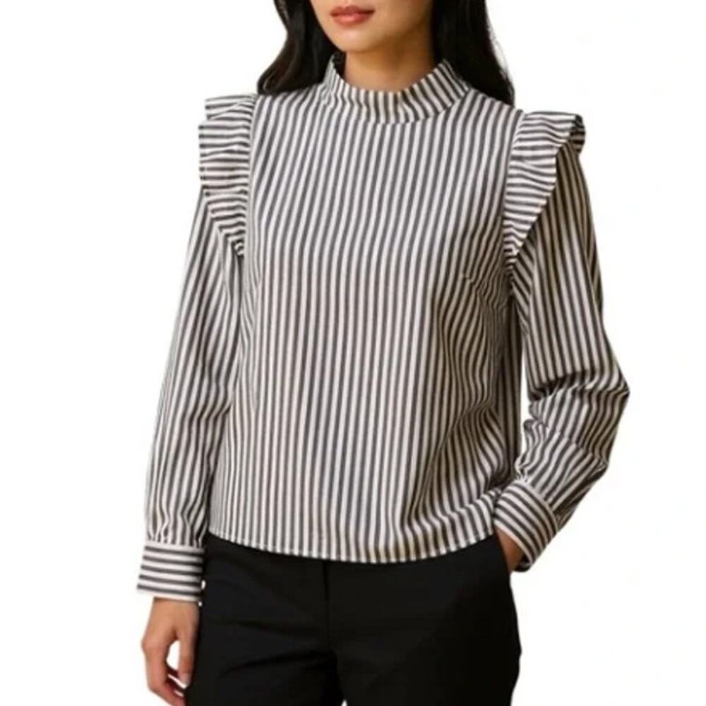 NWT Everlane Mockneck Ruffled Shoulder Top in Brown Stripe Sz 12
